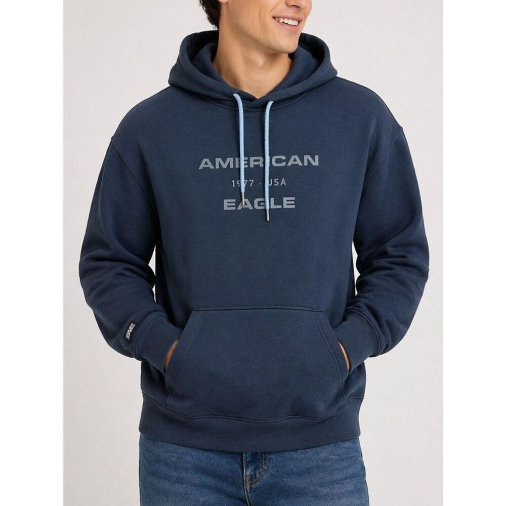 American Eagle Navy Hoodie Logo Pullover Kangaroo Pocket Men’s L Casual